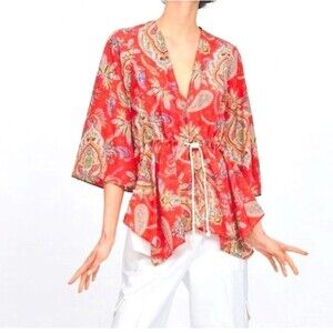 ZARA Womens SZ L Oversized Tunic Peplum Short Sleeve Paisley Red Floral Tropical